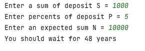 Python. В банк положено S руб под N процентов годовых. Разработайте код, с которого можно определить