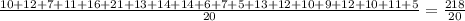 \frac{10+12+7+11+16+21+13+14+14+6+7+5+13+12+10+9+12+10+11+5}{20} =\frac{218}{20}