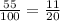 \frac{55}{100}= \frac{11}{20}