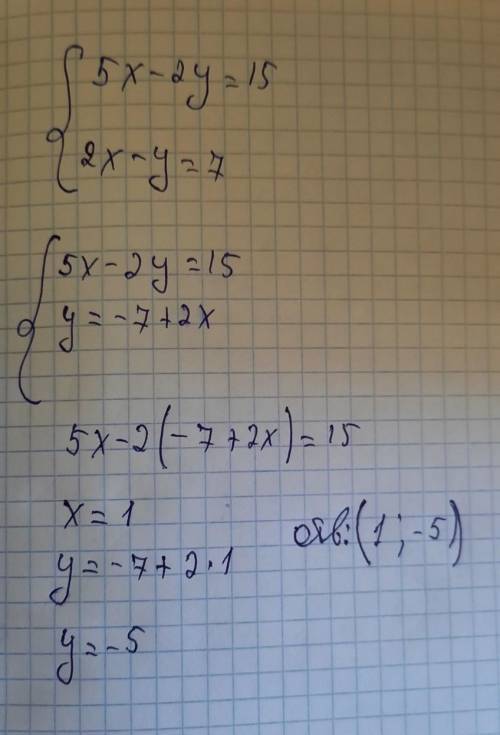 3. Решить систему уравненией подстановки [5x - 2y = 15,2х – у = 7. ​