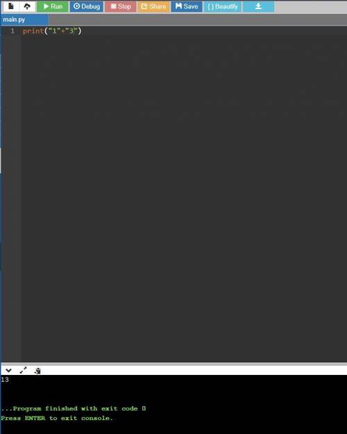 Дан фрагмент программы напишите, что она делает и чему будет равен результат: print (1+3)​