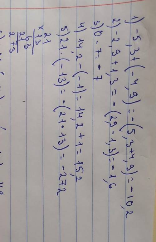 Знайди значення виразу: 1) -5,3 + (-4,9); 2) -2,9 + 1,3; 3) 0 – 7; 4) 14,2 – (-1); 5) 21 ∙ (-13); 6