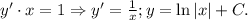 y'\cdot x=1\Rightarrow y'=\frac{1}{x}; y=\ln |x|+C.