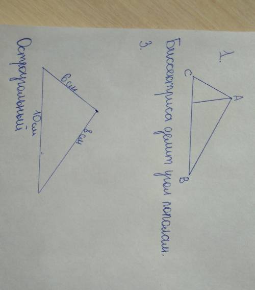 1. дан треугольник ABC. постройте биссектрису угла А2. постройте треугольник по сторонам 4 см и 5 см
