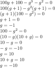 100g + 100 - {g}^{3} - {g}^{2} = 0 \\ 100(g + 1) - {g}^{2} (g + 1) = 0 \\ (g + 1) (100 - {g}^{2} ) = 0 \\ g + 1 = 0 \\ g = - 1\: \\ 10 0 - {g}^{2} = 0 \\ ( 10 - g)(10 + g) = 0 \\10 - g = 0 \\ - g = - 10 \\ g = 10 \\ 10 + g = 10 \\ g = - 10