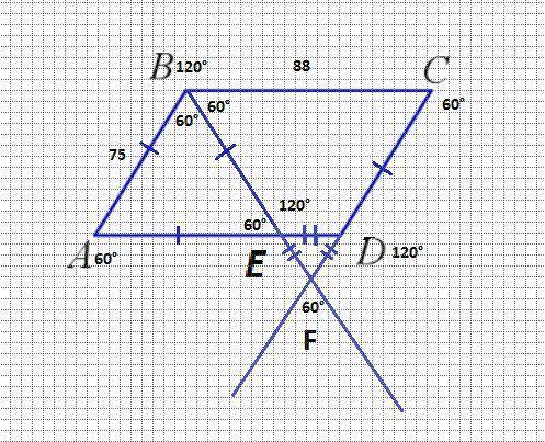 В параллелограмме ABCD угол при вершине A равен 60∘, AB=75 и BC=88. Биссектриса угла ABC пересекает