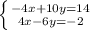 \left \{ {{-4x+10y=14} \atop {4x-6y=-2}} \right.