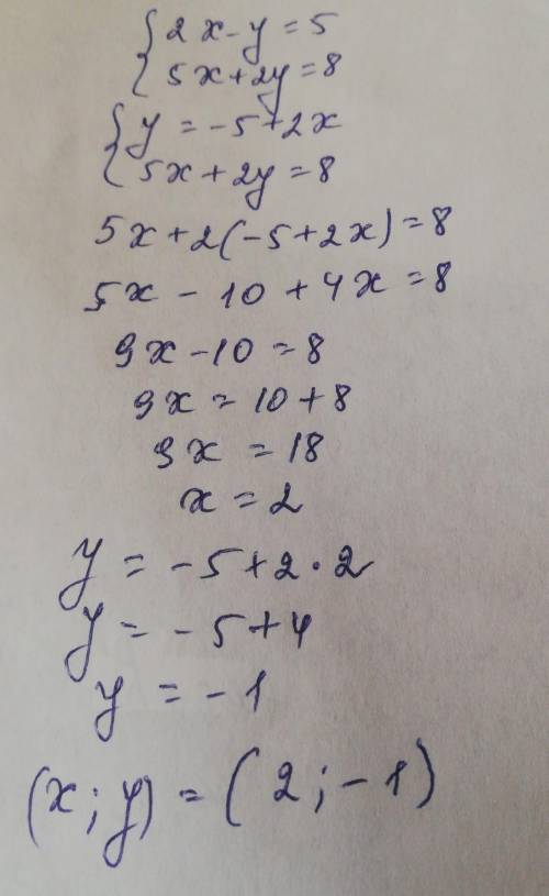 2. Какая из пар {2х-у=5 {5х+2у=8 чисел является решением системыа)(-2,1)В) (2,-1)c) (34)Д) (-3;-4)​