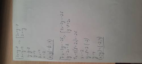 Решите тремя два системных уровнения 2x+y=8 2x-y=0 и второе 7x-3y=-26 y-2x=8