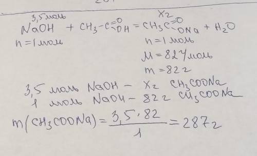Во время взаимодействия натрия гидроксида число вещества 3.5 моль с этановой кислотой образуется сол