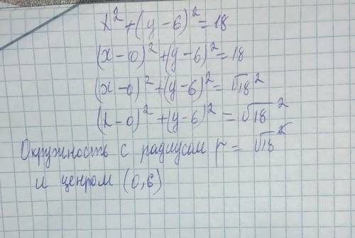 Визначити центр та радіус кола x²+(y-6)²=18​