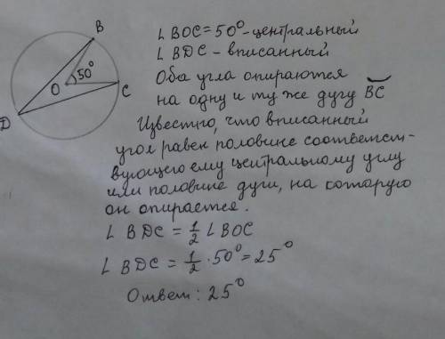 Центральный угол ВОС равен 50 degrees . Найти вписанный угол, опирающийся на дугу ВС​