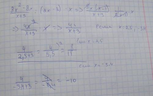 Найдите значение выражения [4] (8x^2-8x)/(x+3):(2x-2)∙x, если x=2.5; x=-3,4 ​