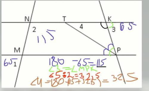 Дано:<1=<3=65°, <2=115°, РТ - биссектриса <МРК, Найдите РЕШЕНИЕ С ОБЪЯСНЕНИЕМ!​