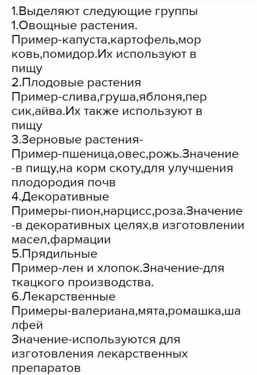 Заполните таблицу Культурные растения1.Название растения(2-3примера)2.Характиристика(также 2-3)3. Ис