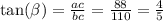 \tan( \beta ) = \frac{ac}{bc} = \frac{88}{110} = \frac{4}{5}