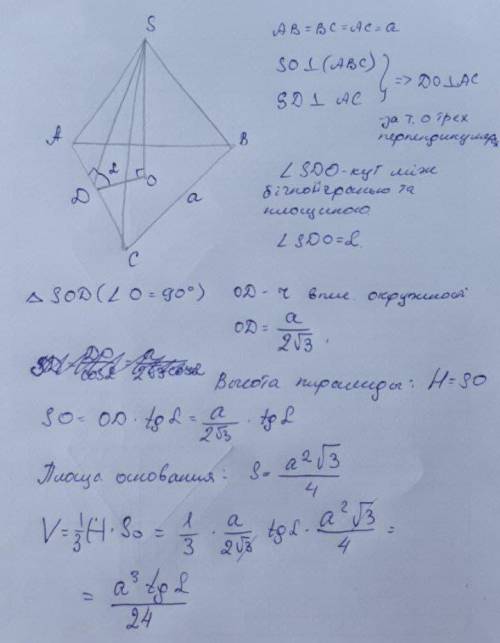 Сторона основи правильної трикутної піраміди дорівнює а, а бічна грань утворює з площиною основи кут