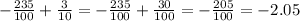 - \frac{235}{100} + \frac{3}{10} = - \frac{235}{100} + \frac{30}{100} = - \frac{205}{100} = - 2.05