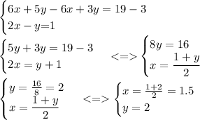 \begin{cases} \cancel{ 6x} + 5y - \cancel{ 6x} + 3y= 19 - 3\\ 2x - y {= } 1 \end{cases}\: \\\begin{cases} 5y+ 3y= 19 - 3\\ 2x = y + 1 \end{cases}\: {< }{= }\begin{cases} 8y = 16\\ x = \dfrac{1 + y }{2}\end{cases}\: \\ \begin{cases} y = \frac{16}{8} = 2\\ x = \dfrac{1 + y }{2}\end{cases}\: < = \begin{cases} x = \frac{1 + 2}{2} = 1.5\\ y = 2\end{cases}\: \\