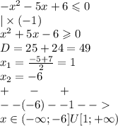 - {x}^{2} - 5x + 6 \leqslant 0 \\ | \times ( - 1) \\ {x}^{2} + 5x - 6 \geqslant 0 \\ D = 25 + 24 = 49 \\ x_1 = \frac{ - 5 + 7}{2} = 1 \\ x_2 = - 6 \\ + \: \: \: \: \: \: \: - \: \: \: \: \: \: \: + \\ - -( - 6) - - 1 - - \\ x\in( - \infty ;- 6]U[1 ;+ \infty )