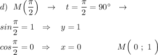 d)\ \ M\Big(\dfrac{\pi}{2}\Big)\ \ \to \ \ \ t=\dfrac{\pi}{2}=90^\circ \ \ \to \\\\sin\dfrac{\pi}{2}=1\ \ \Rightarrow \ \ \ y=1\\\\cos\dfrac{\pi}{2}=0\ \ \Rightarrow \ \ \ x=0\ \qquad \qquad \qqiuad M\Big(\ 0\ ;\ 1\ \Big)