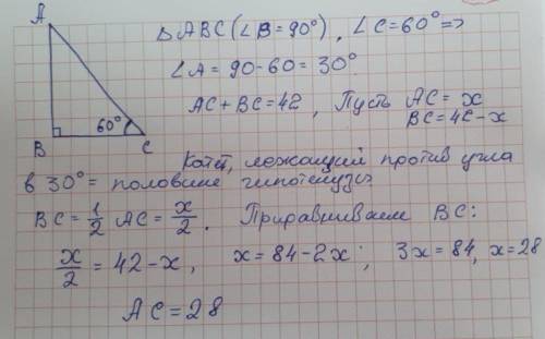 один из углов прямоугольного треугольника равен 60 градусов,а сумма гипотенузы и меньшего катета рав