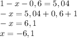 1 - x - 0,6 = 5,04\\-x = 5,04 + 0,6 + 1\\-x = 6,1\\x = -6,1