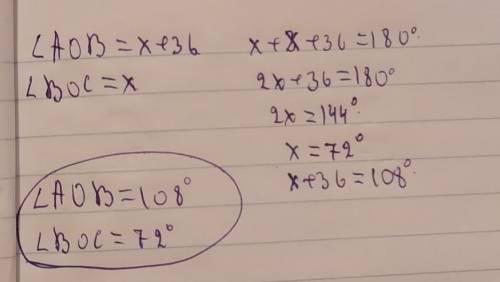 Найдите у АОВ ВОС, если угол АОВ на 36° больше, чем угол ВОС, угол АОС-развернутый. Постройте чертеж