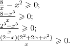 \frac8x-x^2\geqslant 0;\\\frac{8-x^3}{x} \geqslant 0;\\\frac{2^3-x^3}{x} \geqslant0;\\\frac{(2-x)(2^2+2x+x^2)}{x} \geqslant 0.