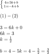 \left \{ {{4 = 5k + b} \atop {1 = - k + b} } \right. \\ \\ (1) - (2) \\ \\ 3 = 6k + 0 \\6 k = 3\\ k = \frac{1}{2} \\ \\ b = 4 - 5k = 4 - \frac{5}{2} = \frac{3}{2}