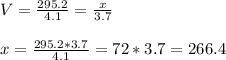 V = \frac{295.2}{4.1} = \frac{x}{3.7}\\\\x=\frac{295.2*3.7}{4.1}=72*3.7=266.4