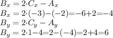 B_x = 2 {\cdot}C_x - A_x \\ B_x = 2 {\cdot}( {-} 3) {- }( - 2){ =}{ -} 6{ + }2{ = }{-} 4\\B_y = 2 {\cdot}C_y - A_y\\B_y = 2 {\cdot}1 {- }4 {=} 2{ - }( {- }4 ){= }2{ + }4{ = }6 \\