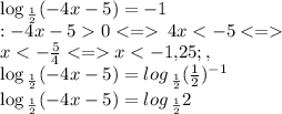 \log_{ \: \frac{ 1}{2} }( - 4x - 5) = - 1 \\ОДЗ: \small{-4x-50 \: 4x x < - 1{, }25; , \\ \log_{ \: \frac{ 1}{2} }( - 4x - 5) =log_{ \: \frac{ 1}{2} }( \tfrac{1}{2} )^{ - 1} \\ \log_{ \: \frac{ 1}{2} }( - 4x - 5) =log_{ \: \frac{ 1}{2} }{2} \\