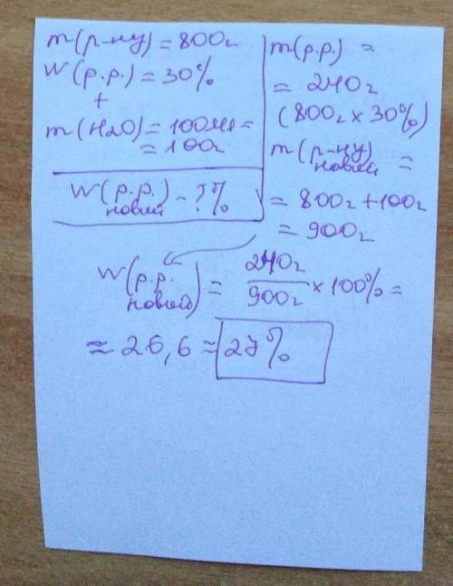 До 800г розчину глюкози з масовою часткою розчиненої речовини 30% долили 100мл води. Знайти масову ч