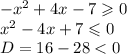 - {x}^{2} + 4x - 7 \geqslant 0 \\ {x}^{2} - 4x + 7 \leqslant 0 \\ D = 16 - 28 < 0