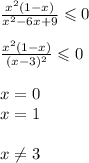 \frac{ {x}^{2} (1 - x)}{ {x}^{2} - 6x + 9 } \leqslant 0 \\ \\ \frac{ {x}^{2}(1 - x) }{(x - 3) {}^{2} } \leqslant 0 \\ \\ x = 0 \\ x = 1 \\ \\ x\ne3