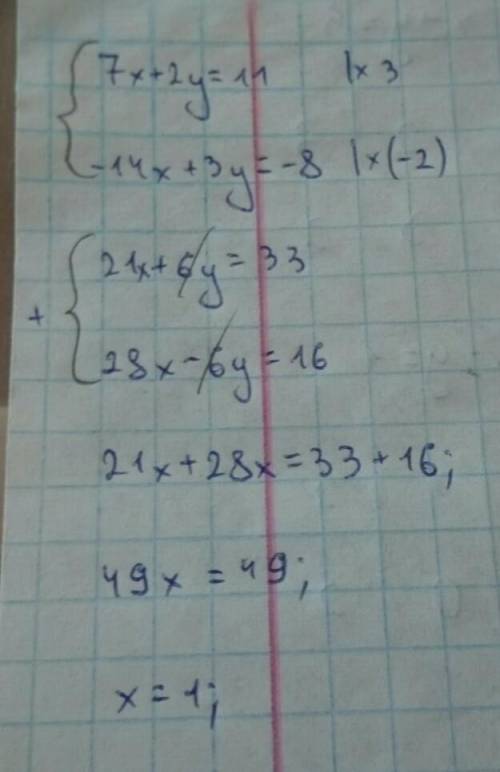 Розв'язати систему рівнянь додавання{7x+2y=11{-14x+3y= -8​