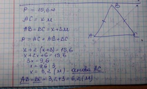 Периметр рівнобедреного трикутника дорівнює 15,6 м. Знайдіть його сторони, якщо основа менша за бічн