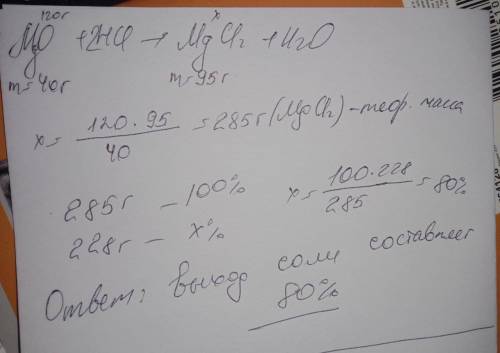 магний оксид массой 120 г взаимодействует с соляной кислотой. Масса образовавшейся средней соли сост