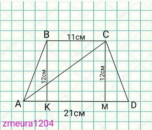 основи рівнобічної трапеції дорівнюють 11 і 21 см а висота 12 см знайти бічні сторони та діагоналі т