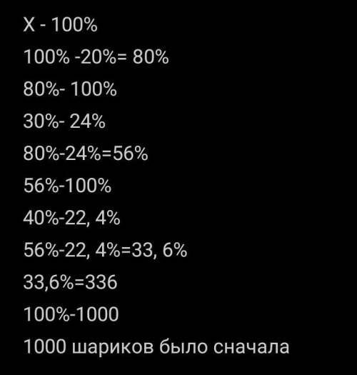 Было х шариков, надули 20% от всех шариков, потом 30% от остатка, потом еще 40% , осталось 336 шарик