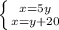 \left \{ {{x=5y} \atop {x=y+20}} \right.