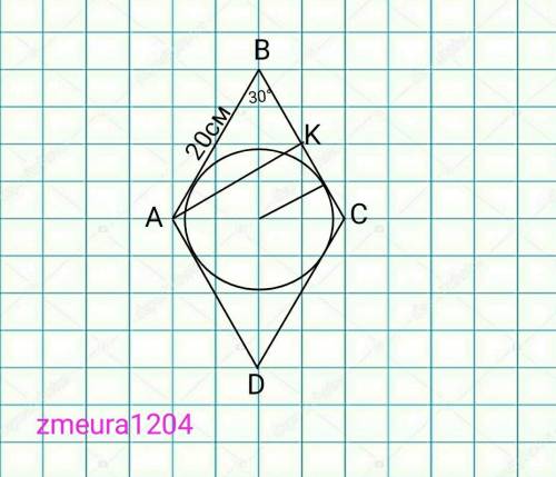 Знайти довжину кола, вписаного в ромб, сторона дорівнює 20 см, а гострий 30°.​