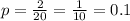 p = \frac{2}{20} = \frac{1}{10} = 0.1