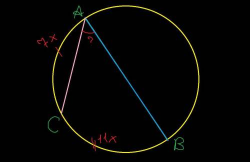В окружности проведены диаметр AB и хорда AC. Найти угол BAC, если дуга AC относится к дуге CB, как