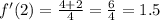 f'(2) = \frac{4 + 2}{4} = \frac{6}{4} = 1.5 \\