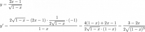 y=\dfrac{2x-1}{\sqrt{1-x}}\\\\\\y'=\dfrac{2\sqrt{1-x}-(2x-1)\cdot \dfrac{1}{2\sqrt{1-x}}\cdot (-1)}{1-x}=\dfrac{4(1-x)+2x-1}{2\sqrt{1-x}\cdot (1-x)}=\dfrac{3-2x}{2\sqrt{(1-x)^3}}