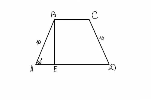 Боковая сторона равнобокой трапеции равна 10  см, а острый угол — 30°. Найдите площадь этой трапеции