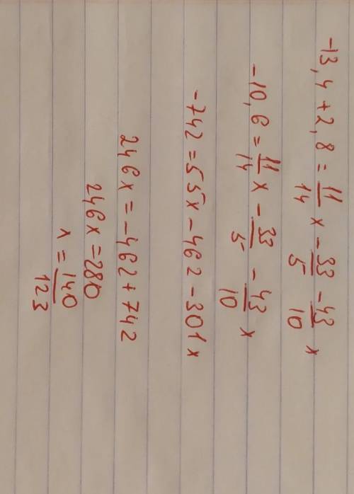 - 13,4 - 2 (3,4x - 4,8) = 1 1/6 (3/7x - 3,6) - 4,3x