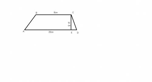 В трапеції ABCD основи BC=8см, AD=20 см.Висота CE=10см.Знайдіть площу трапеції​